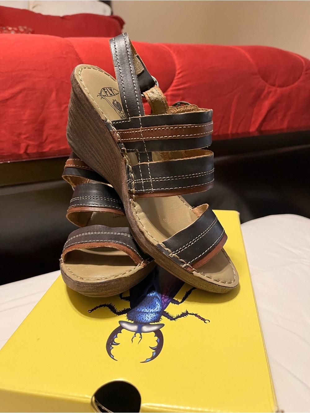 Fly London Women's Black and Brown Wedge Sandals - Strappy Comfort Size EU 37